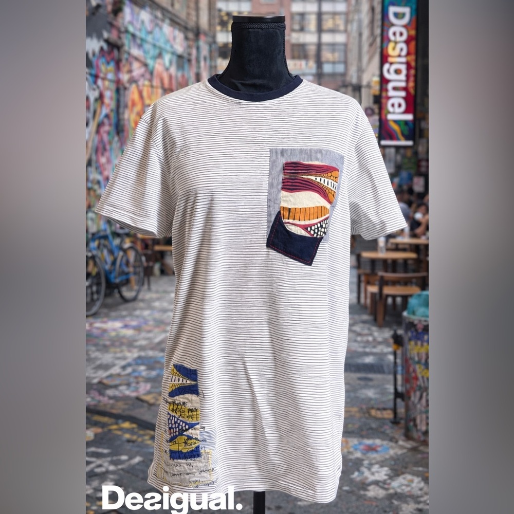 Desigual Striped Patchwork Pocket Tee Men’s XL Graphic Art Shirt Boho Streetwear